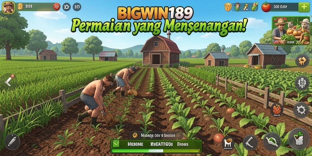 Screenshot gameplay <strong>BIGWIN189</strong> menunjukkan taman yang indah dan aktivitas bertani.