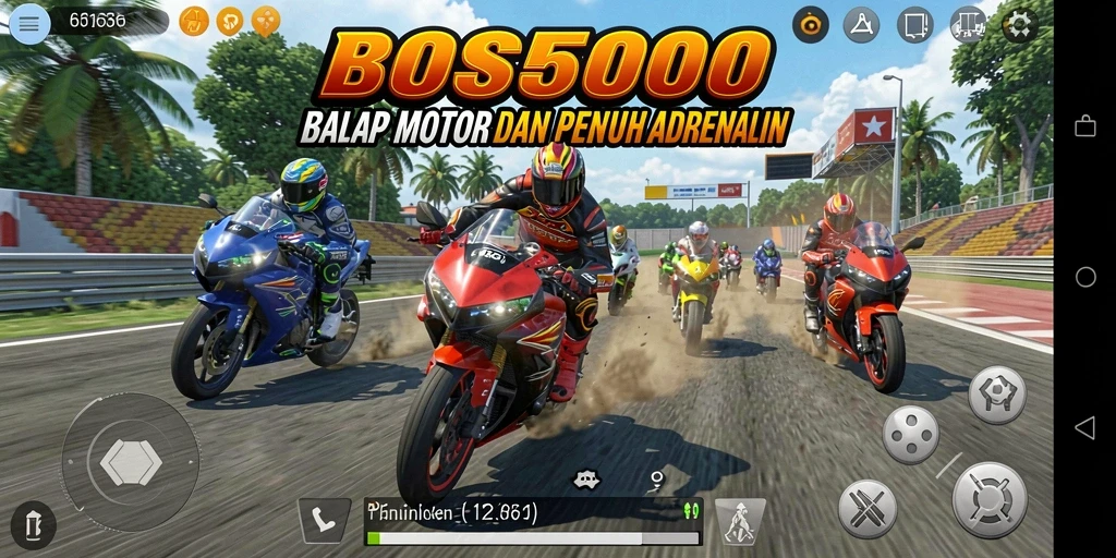 Screenshot permainan <strong>BOS5000</strong> menampilkan aksi balap motor yang seru.