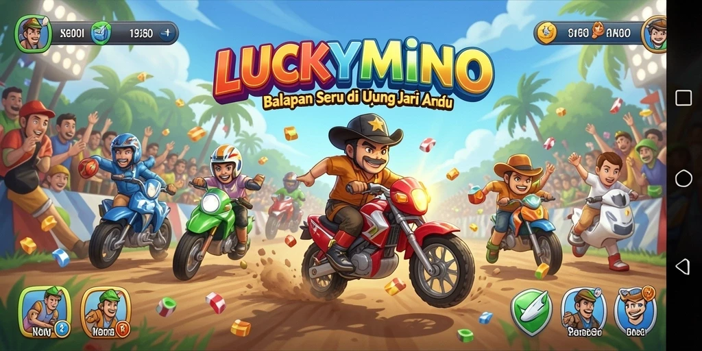 Gameplay balapan seru dalam LUCKYMINO menunjukkan aksi yang mendebarkan