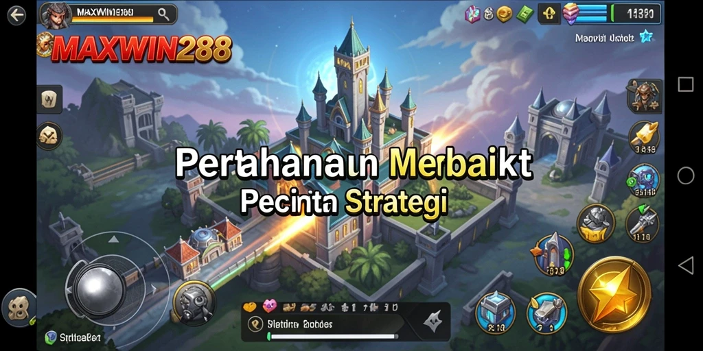Screenshot utama gameplay MAXWIN288 dengan menara pertahanan yang strategis.