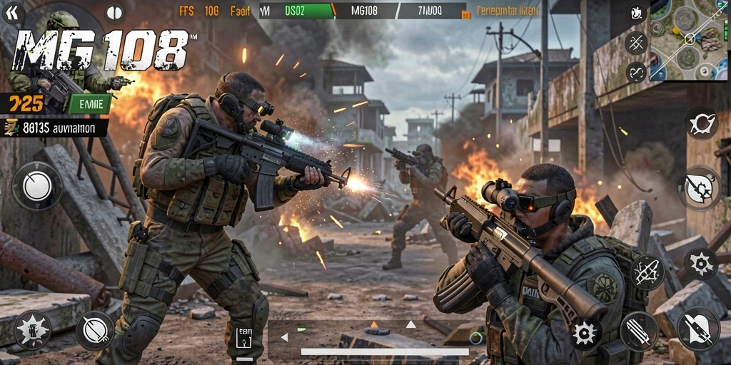 Tangkapan layar gameplay MG108 yang menunjukkan aksi tembak-menembak intens.