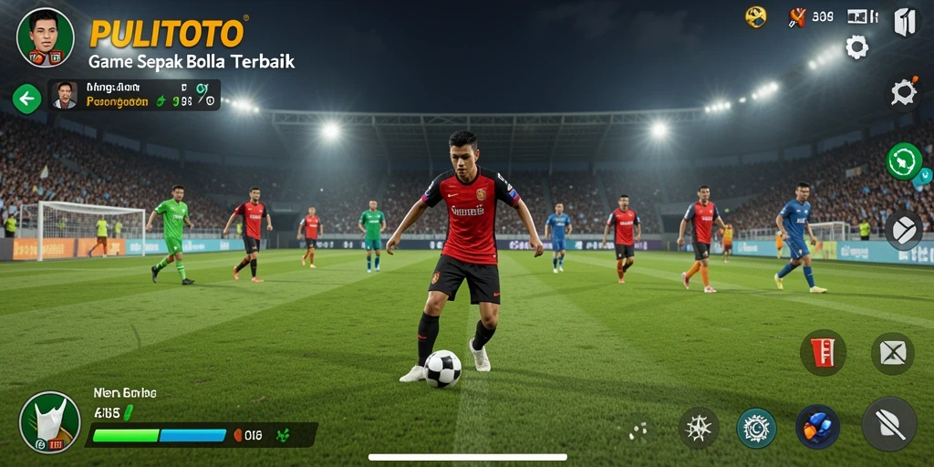 Tampilan gameplay PULITOTO dengan aksi sepak bola yang intens.