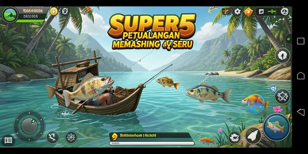 Tampilan gameplay SUPER5 menunjukkan aksi memancing yang seru dan menantang.