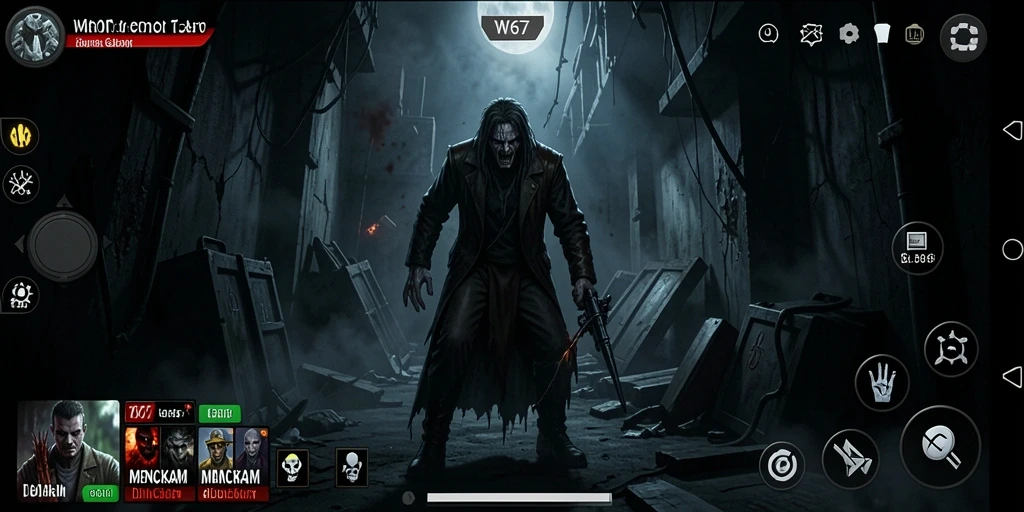 Screenshot gameplay W67 menampilkan suasana Horror yang mencekam.