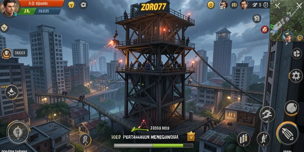 Tangkapan layar utama ZORO77 yang menunjukkan aksi Tower Defense yang seru.